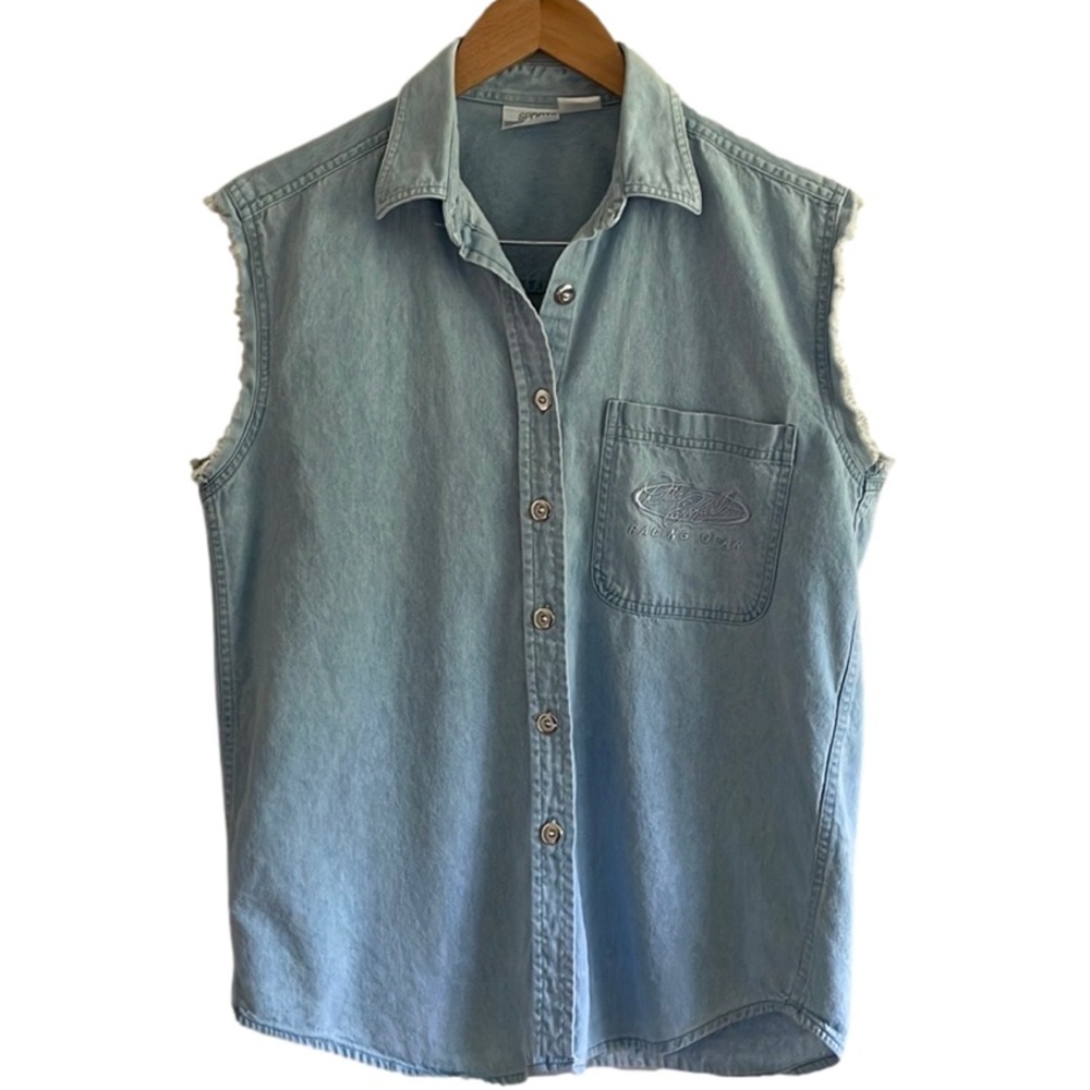 Vintage Racing Dale Earnhardt Denim Fringe Button Front Tank Top